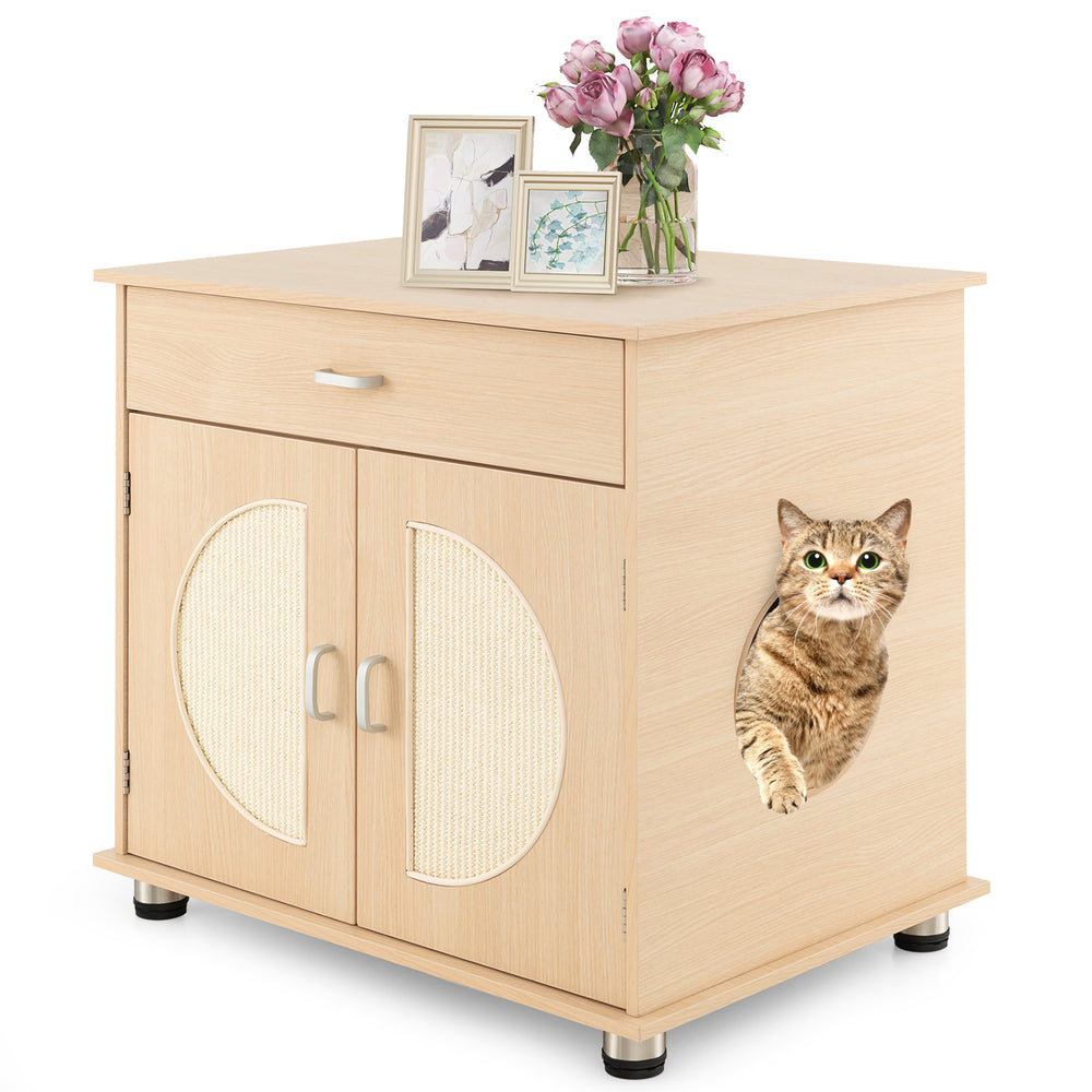 Cat Litter Box Enclosure with Sisal Scratching Doors and Storage Cat House