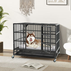 38 Inch Foldable Heavy-Duty Metal Dog Cage with Lockable Rolling Casters - view 2