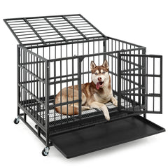 38 Inch Foldable Heavy-Duty Metal Dog Cage with Lockable Rolling Casters