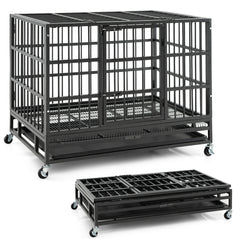 38 Inch Foldable Heavy-Duty Metal Dog Cage with Lockable Rolling Casters - view 4