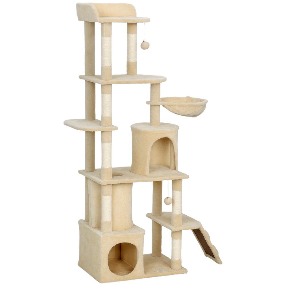 67" Large Cat Tree with 7 Scratching Posts, Tunnel, 2 Condos, Hammock, Perch