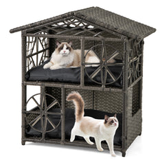 2-storey Wicker Cat House Rattan Kitten Condo Enclosure with Removable Cushions