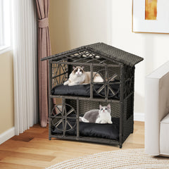 2-storey Wicker Cat House Rattan Kitten Condo Enclosure with Removable Cushions - view 2