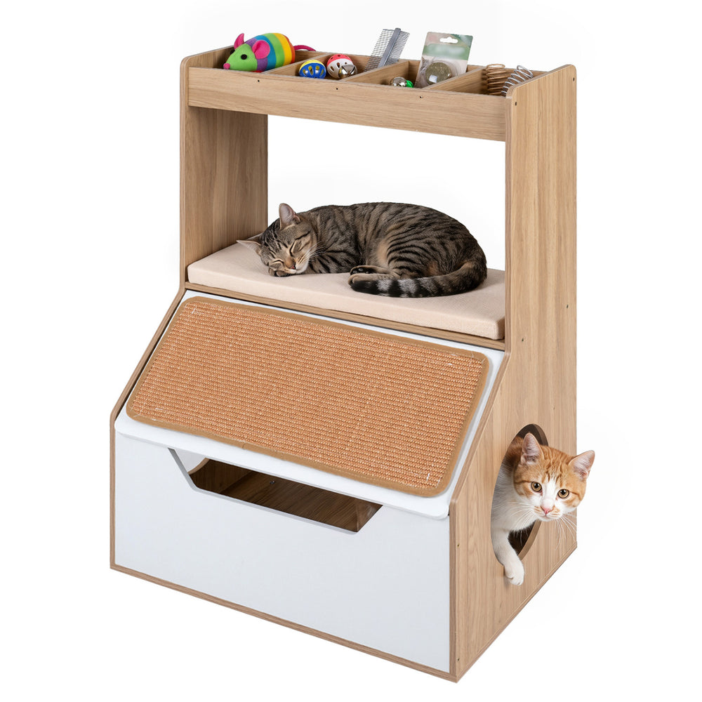 3-in-1 Hidden Cat House Cabinet with 4 Cubbies Removable Cushion and Scratching