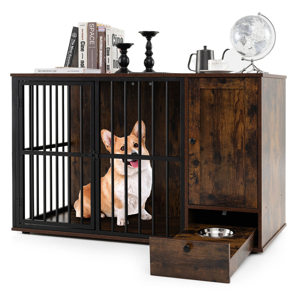 47.5 inch Dog Crate Furniture with Hidden Pull-out Bowls in Drawer for Small