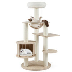 52 Inches Tall Wooden Cat Tree with Washable Plush Cushions and Multi-Level