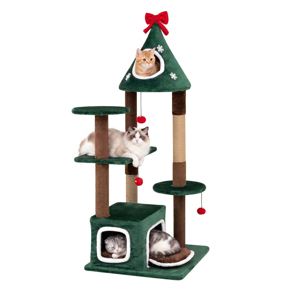54"Christmas Cat Tree with 2 Condos and Removable Cushion