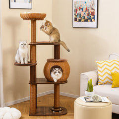 59.5 Inch Cat Tree Multi-Level Cat Tower with PE Rattan Cat Condo and Top Perch - view 3