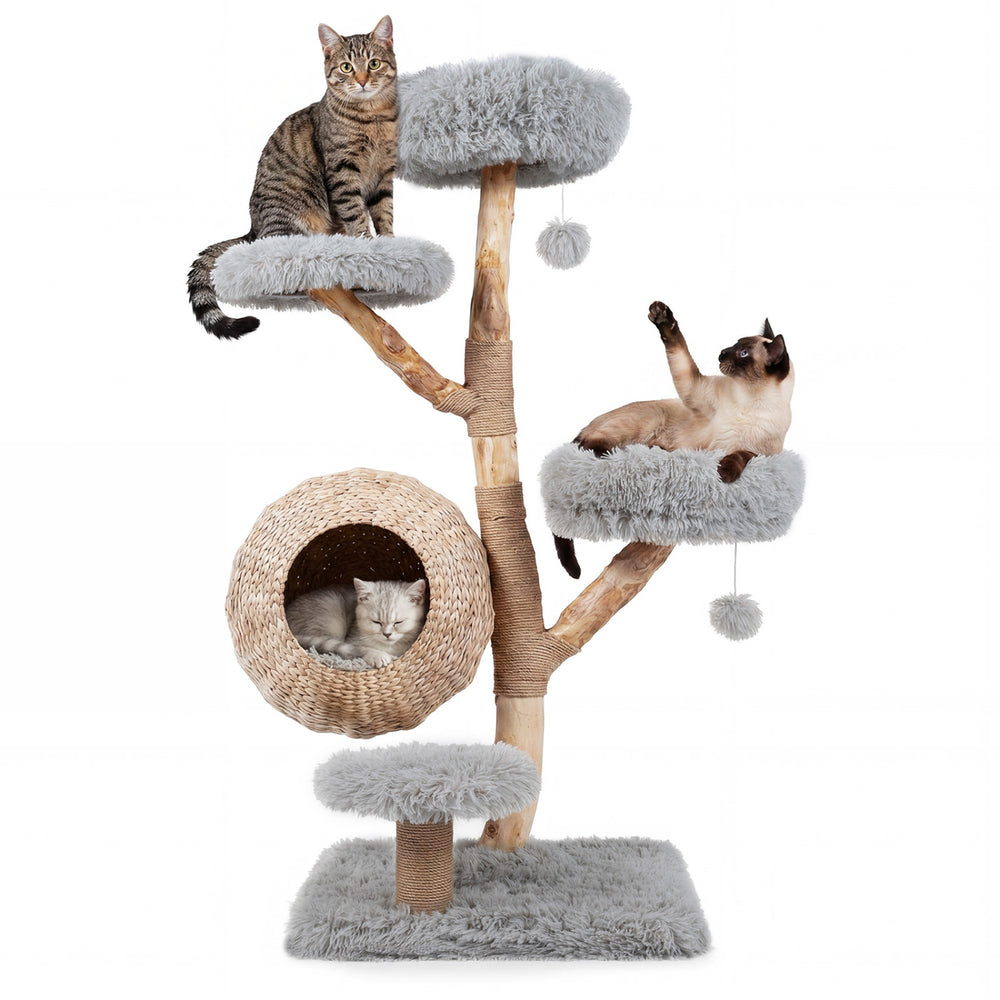 5-Tier Wooden Cat Tree with Woven Condo Plush Perches Jute Posts & Balls