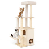 63 Inch Tall Wooden Cat Tree with 2-Story Condo and Plush Padded Top Perch