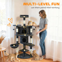 62" Cat Tree with Scratching Post, 2 Condos, Hammock, Perches, Plush, Pompoms - view 3