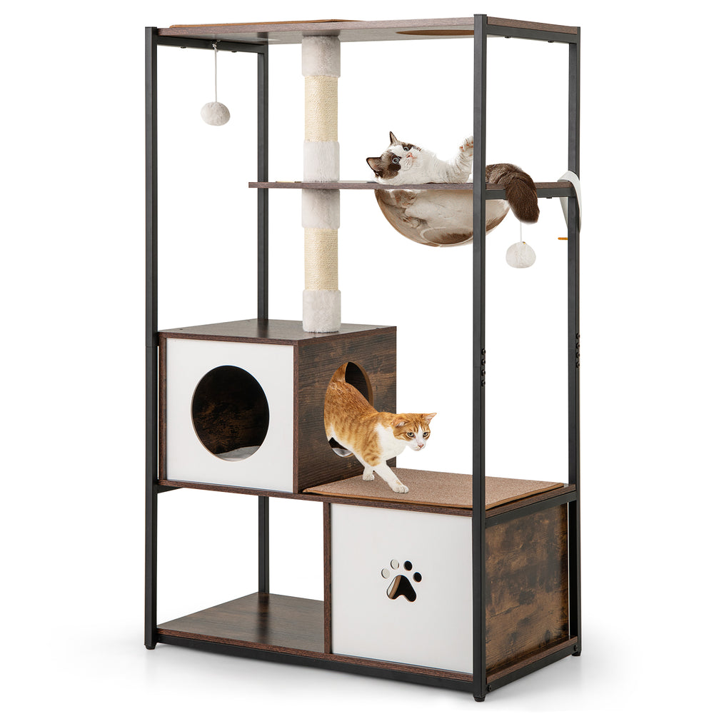 52 Inch Tall Wooden Cat Tree Metal Frame with 2 Condos and Cushions