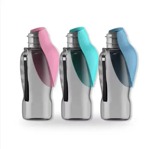 Portable pet water bottle with foldable cup in three colours: blue-gray, turquoise and pink, 800ml leak-proof travel hydration for dogs and cats