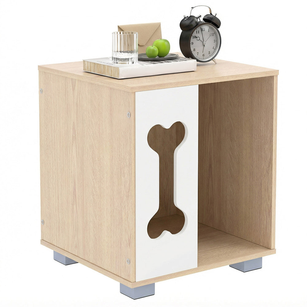Cat Bed Side Table Wooden Cat Condo with Bone-shape Window and Thick Metal Legs