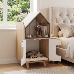 Cat Litter Box Enclosure with Shelf and 2 Doors Wooden House-Shaped - view 3