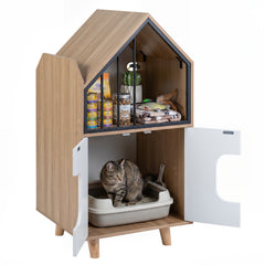 Cat Litter Box Enclosure with Shelf and 2 Doors Wooden House-Shaped - view 4