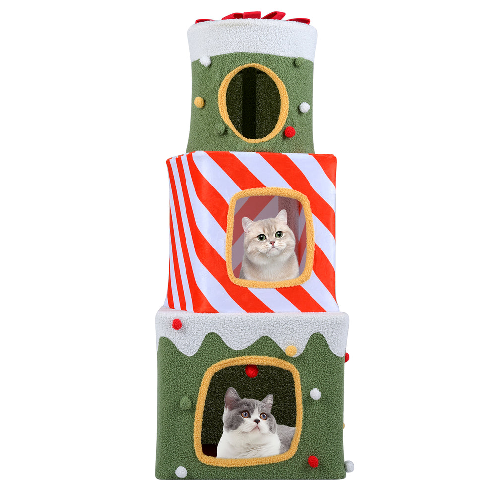 Christmas Cat Tree for Indoor Cats 47" Cute Cat Climbing Furniture with 3 Condos