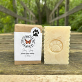 Garden Path natural dog soap bar with paw print imprint, olive oil and oatmeal handmade Canadian pet shampoo