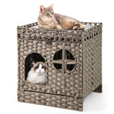 Foldable 2-tier Rattan Cat Litter Box Enclosure with Litter Mat Cat House