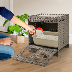 Foldable 2-tier Rattan Cat Litter Box Enclosure with Litter Mat Cat House - view 3