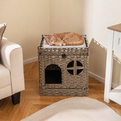 Foldable 2-tier Rattan Cat Litter Box Enclosure with Litter Mat Cat House - view 2