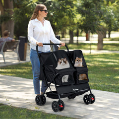 Foldable Double Pet Stroller with Adjustable Sunshade and Storage Basket - view 2
