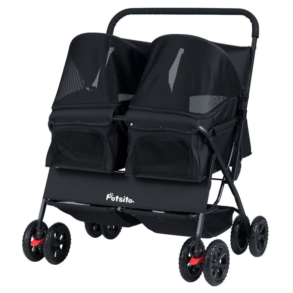 Foldable Double Pet Stroller with Adjustable Sunshade and Storage Basket