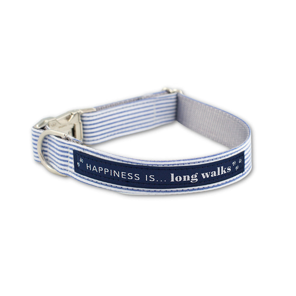 HAPPI Blue Seersucker Stripe Dog Collar with 'Happiness is... long walks' navy ribbon and silver D-ring + buckle