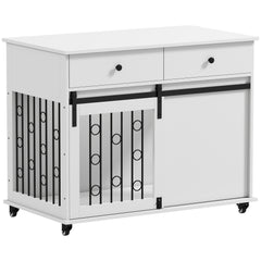 39" Dog Crate Furniture, Dog Kennel Indoor with 2 Drawers, Wheels, Sliding