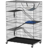 4-Tier Cat Cage, Large Cat Enclosure with Lockable Wheels, Tray, Hammock, Bed