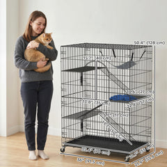 4-Tier Cat Cage, Large Cat Enclosure with Lockable Wheels, Tray, Hammock, Bed - view 2