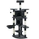 62" Cat Tree with Scratching Post, 2 Condos, Hammock, Perches, Plush, Pompoms