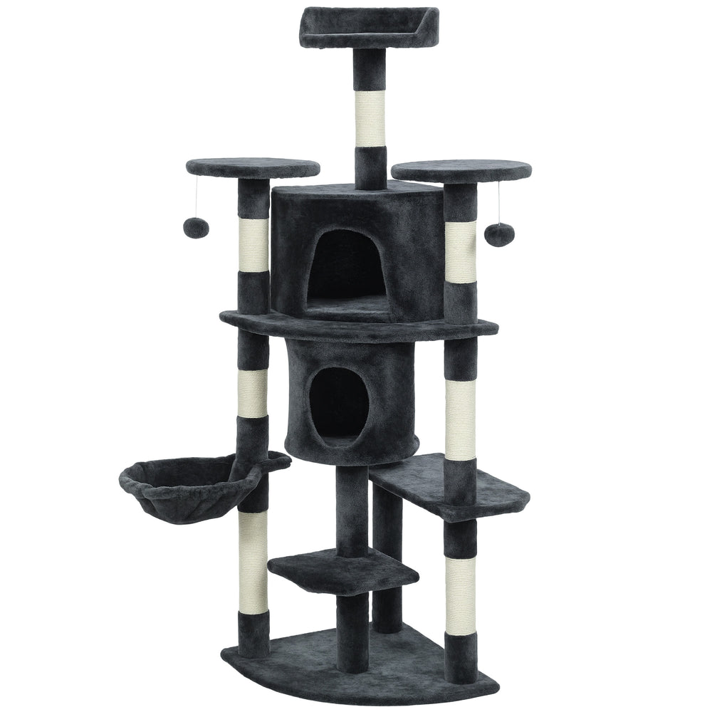 62" Cat Tree with Scratching Post, 2 Condos, Hammock, Perches, Plush, Pompoms