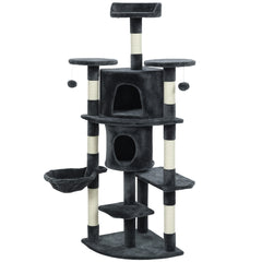 62" Cat Tree with Scratching Post, 2 Condos, Hammock, Perches, Plush, Pompoms
