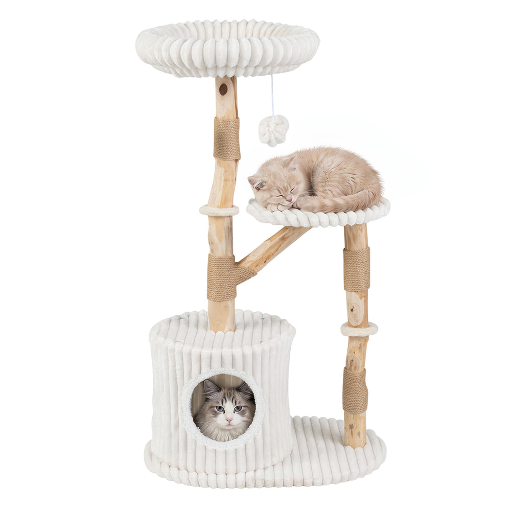 Solid Wood Cat Tree 41 Inch with Real Branches & Scratching Posts and Cozy Bed