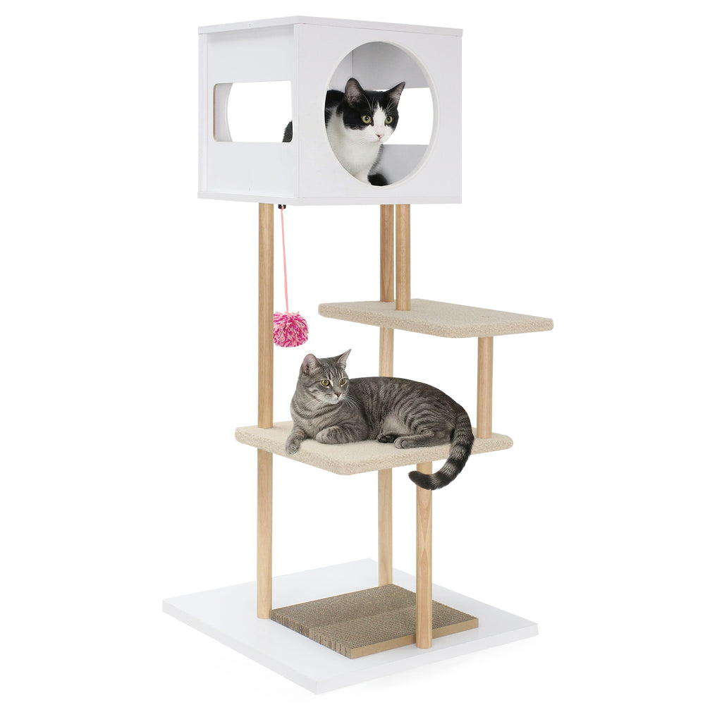 Tall Wood Cat Tower with 2 Corrugated Cardboard Cat Tree