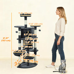 62" Cat Tree with Scratching Post, 2 Condos, Hammock, Perches, Plush, Pompoms - view 2