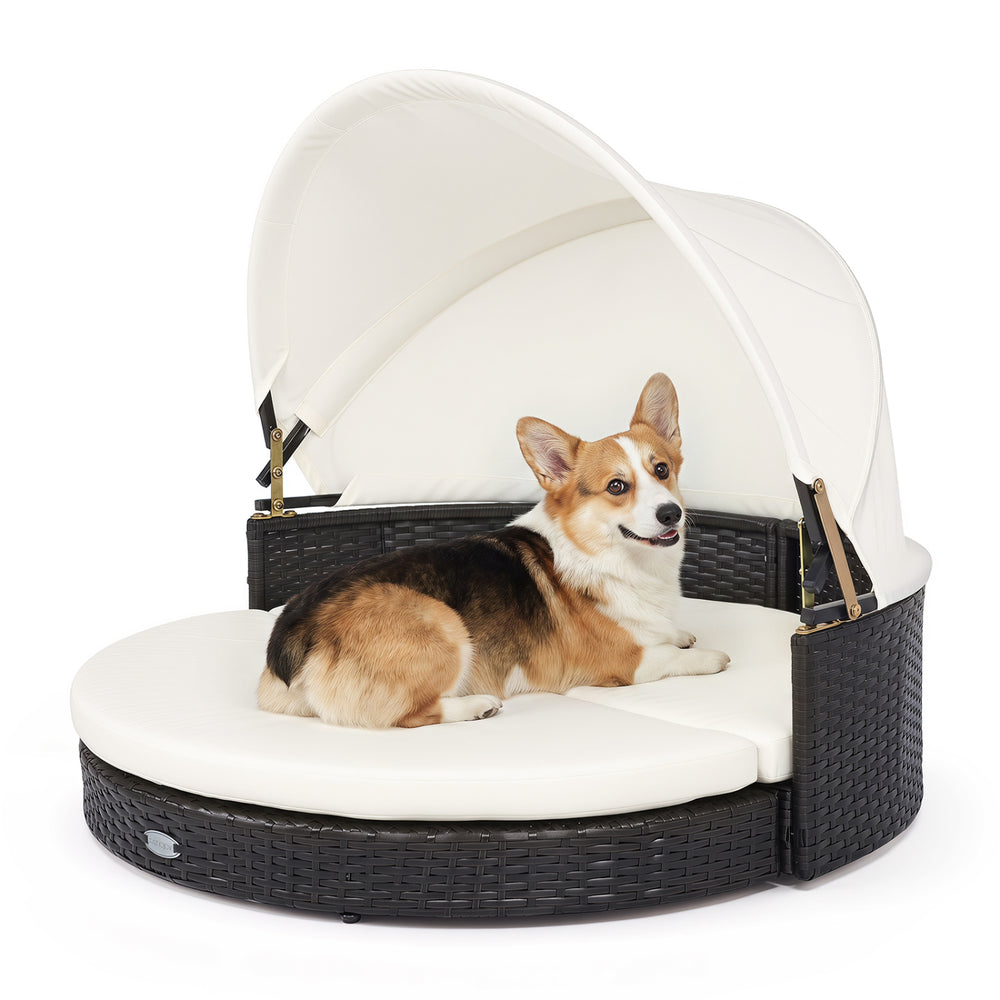 Wicker Dog House with Retractable Canopy & Removable Cushion for Small Medium