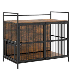 Wooden Dog Crate Furniture for Medium Dogs with Bowls and Rotatable Holder Dog