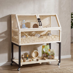 Wooden Hamster Cage 2-Tier Small Animal Habitat with Casters Dog Crate - view 2