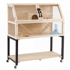 Wooden Hamster Cage 2-Tier Small Animal Habitat with Casters Dog Crate - view 3