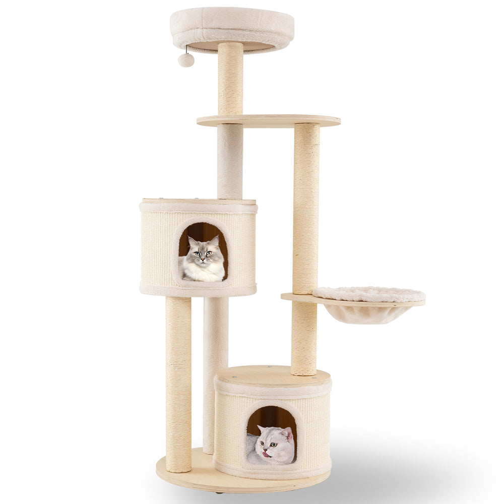 Wooden Kitten Tower with Sisal Scratching Posts and 2 Condos Cat Tree