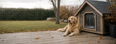 Golden retriever beside an insulated wooden dog house in autumn
