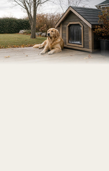 Golden retriever beside an insulated wooden dog house in autumn
