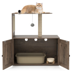 34.5 Inch Cat Tree with Litter Box Enclosure with Sisal Scratching Post and Mat - view 4