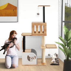 Modern Tall Cat Tower with Double Condos with Dangling Balls and Sisal Carpets - view 3
