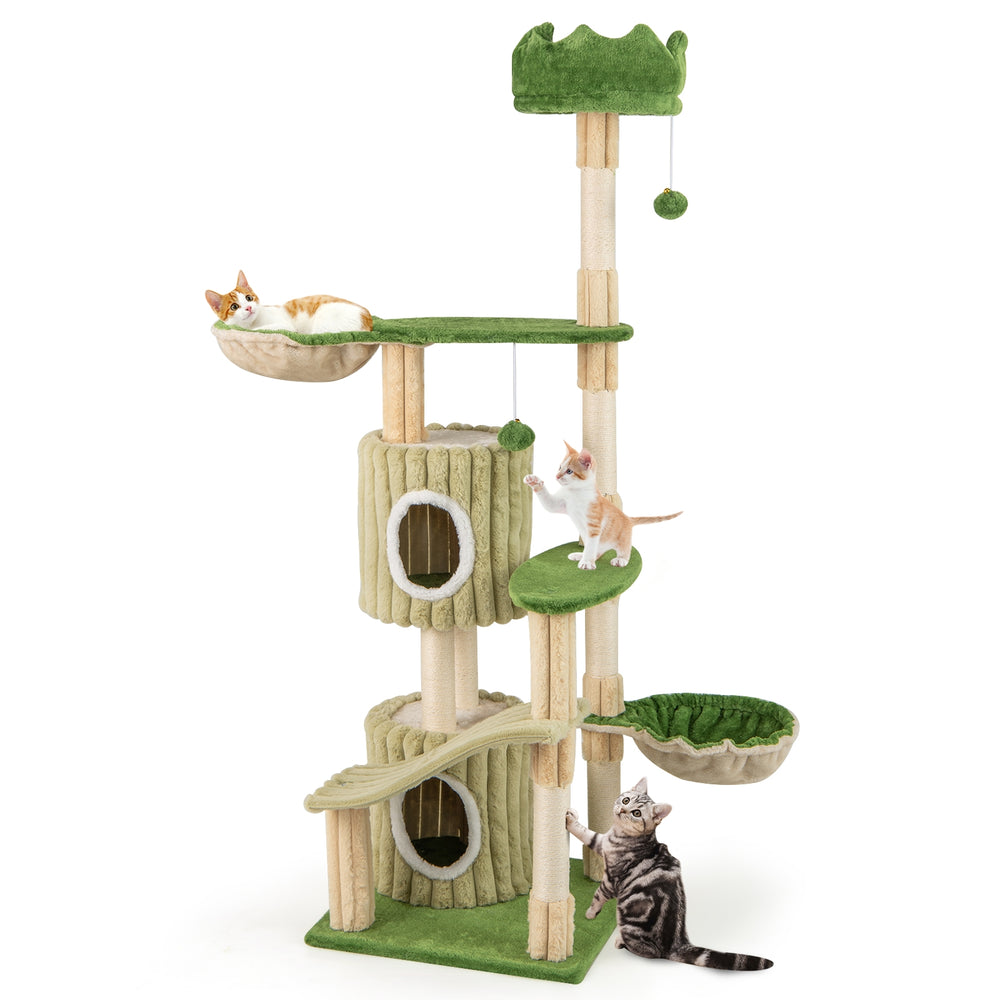 63 Inch Multi-Level Aesthetic Stripped Kitten Tower with 2 Condos Cat Tree