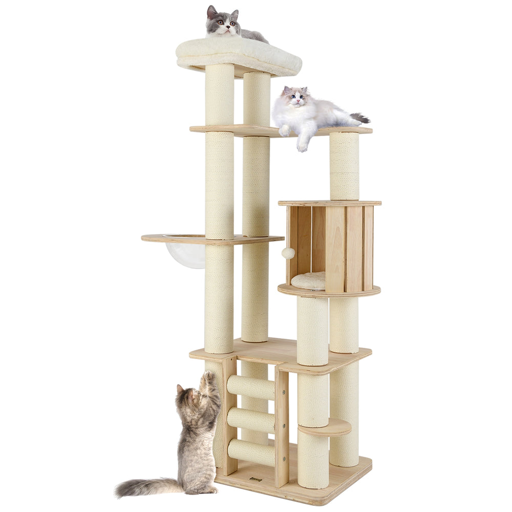 71 Inch Tall Cat Tree Wooden Cat Tower with Cozy Perch Condo Space Capsule