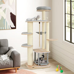63 Inch Tall Cat Tree Modern Wooden Cat Tower with Perch Condo Hammock - view 3
