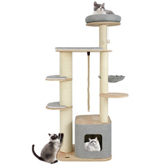 63 Inch Tall Cat Tree Modern Wooden Cat Tower with Perch Condo Hammock - view 4